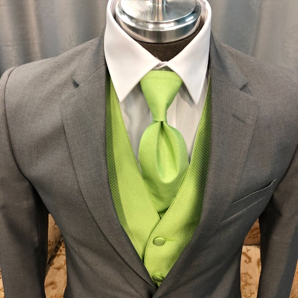 New Apple Green Llime VEST, with matching tie, Adjustable Back Szs small-2XL